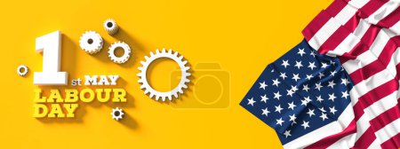 Arbeitstag Hintergrund-Design mit Metallzahnrädern isoliert auf gelbem Hintergrund. Hintergrund des 1. Mai zum Tag der Arbeit. 3D-Illustration
