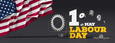 Labour day background design with metal gears isolated on dark background. 1st May Labour day background. 3D illustration