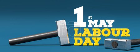 Labour day background design with hammer isolated on blue background. 1st May Labour day background. 3D illustration