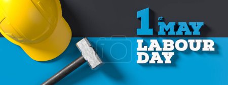 Arbeitstag Hintergrund-Design mit Hammer isoliert auf blauem Hintergrund. Hintergrund des 1. Mai zum Tag der Arbeit. 3D-Illustration