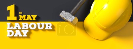 Arbeitstag Hintergrund-Design mit Hämmern isoliert auf gelbem Hintergrund. Hintergrund des 1. Mai zum Tag der Arbeit. 3D-Illustration