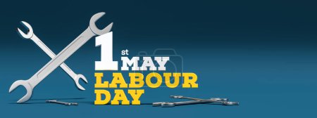 Labour day background design with wrenches isolated on blue background. 1st May Labour day background. 3D illustration