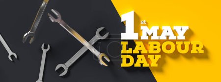 Labour Day Hintergrunddesign mit Schraubenschlüsseln isoliert auf gelbem Hintergrund. Hintergrund des 1. Mai zum Tag der Arbeit. 3D-Illustration