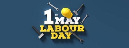 Diseño de fondo del día del trabajo con martillo aislado sobre fondo azul. 1 mayo Antecedentes del Día del Trabajo. Ilustración 3D