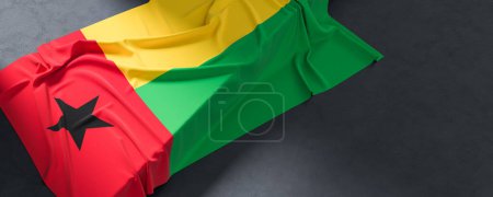Flagge von Guinea Bissau. Texturierte Flagge Guinea Bissaus isoliert auf dunklem Hintergrund. 3D-Illustration