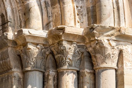 Photo for Romanesque capitals in the medieval chapterhouse of the Monastery of Saint Mary of Carracedo, Spain - Royalty Free Image
