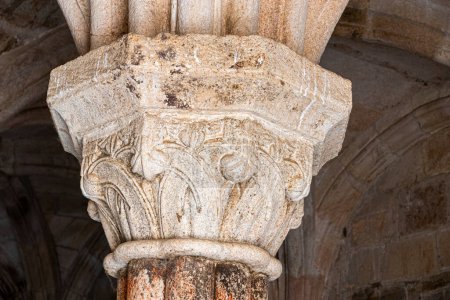 Photo for Romanesque capitals in the medieval chapterhouse of the Monastery of Saint Mary of Carracedo, Spain - Royalty Free Image