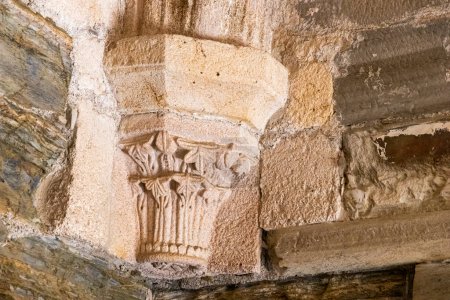 Photo for Romanesque corbels in the medieval chapterhouse of the Monastery of Saint Mary of Carracedo, Spain - Royalty Free Image