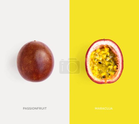 Foto de Diseño creativo hecho de fruta de la pasión. Acostado. Concepto de comida. Maracuyá sobre fondo blanco. - Imagen libre de derechos