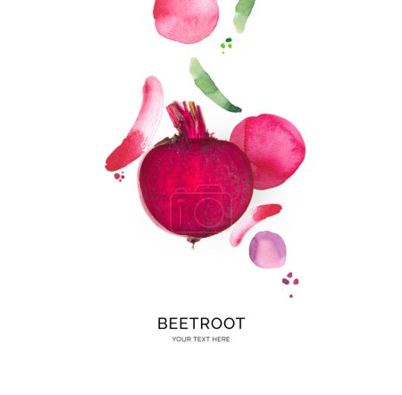 Photo for Creative layout made of beetroot with watercolor spots on the white background. Flat lay. Food concept. - Royalty Free Image