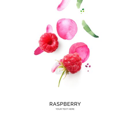 Photo for Creative layout made of raspberry with watercolor spots on the white background. Flat lay. Food concept. - Royalty Free Image