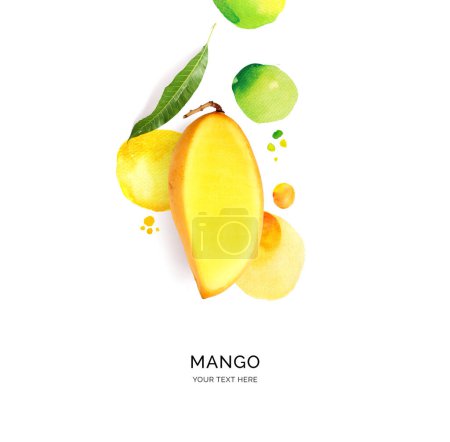 Photo for Creative layout made of mango with watercolor spots on the white background. Flat lay. Food concept. - Royalty Free Image
