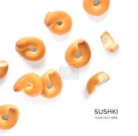 Creative layout made of sushki on a white background. Top view.  