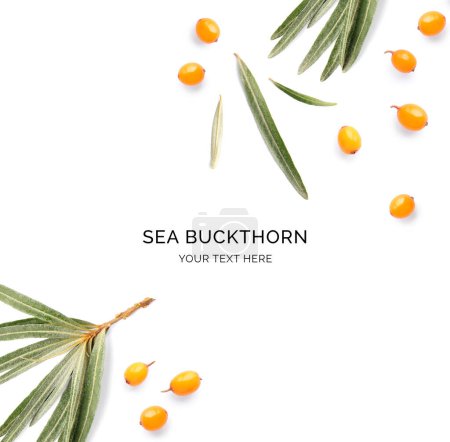Creative layout made of sea buckthorn and leaves on a white background. Top view.  