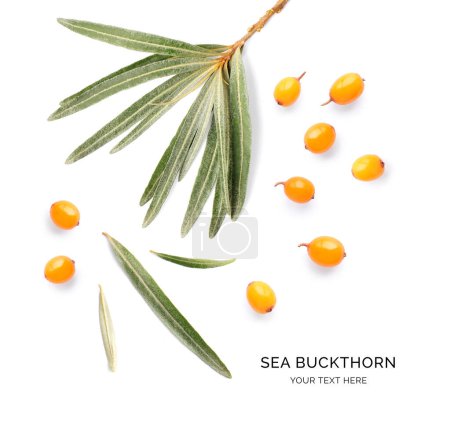 Creative layout made of sea buckthorn and leaves on a white background. Top view.  