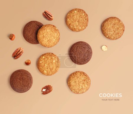 Foto de Diseño creativo hecho de galletas y tuercas. Acostado. Concepto alimenticio. - Imagen libre de derechos