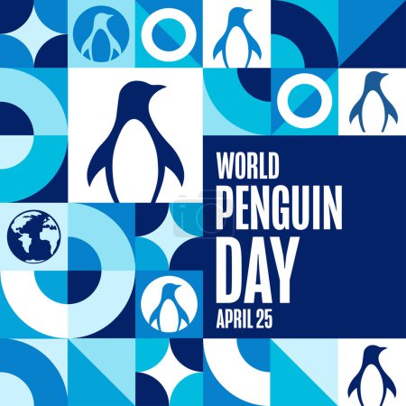 Día Mundial del Pingüino. 25 de abril. Concepto de vacaciones. Plantilla para fondo, banner, tarjeta, póster con inscripción de texto. Ilustración del vector EPS10