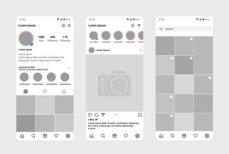 Téléchargez les photos : Modèle d'interface de profil Instagram. Conception de l'application mobile UI, UX, GUI. Ensemble d'écrans page d'accueil, profil, recherche. Modèle de demande. Conception d'interface utilisateur - en image libre de droit