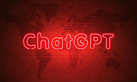 Illustration for ChatGPT. Neon Symbol on Red Map Background with Binary code. Data Concept. Vintage electric signboard with bright neon lights. Technology connection. Red light falls. Vector illustration - Royalty Free Image