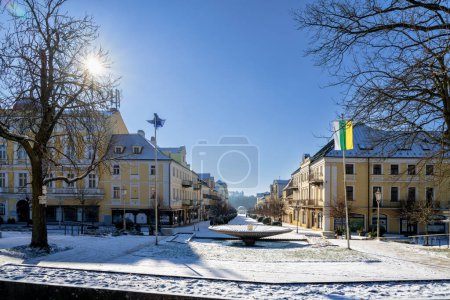 Photo for Snow winter in the center of the small spa town Frantiskovy Lazne (Franzensbad) near historical city Cheb - Czech Republic (region Karlovy Vary) - Royalty Free Image