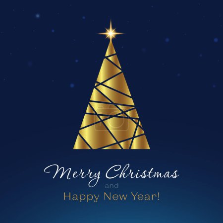 Téléchargez les illustrations : Star dans le ciel bleu et arbre de luxe doré pour Joyeux Noël et Bonne Année saluant message sur les médias sociaux - en licence libre de droit