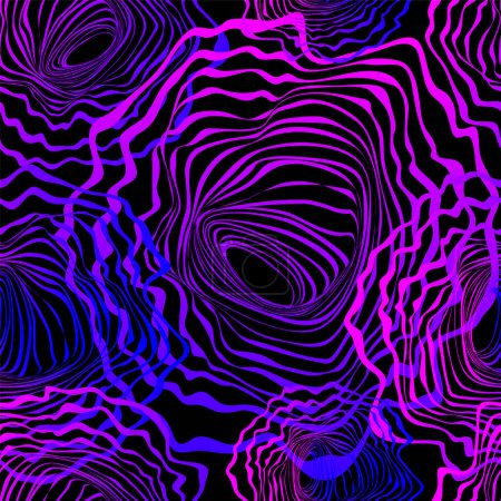 Illustration for Wavy psychedelic pattern with blue-pink gradient on black background - Royalty Free Image