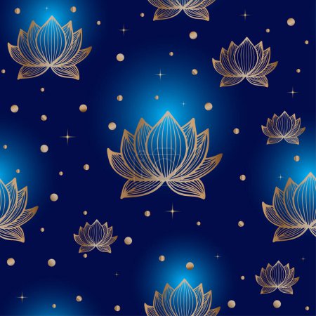 Ilustración de Patrón con lujosa flor de loto elegante con polen dorado brillante sobre fondo azul. Como cuento de hadas mágico con misteriosa fantasía sobre el espacio y la vida - Imagen libre de derechos