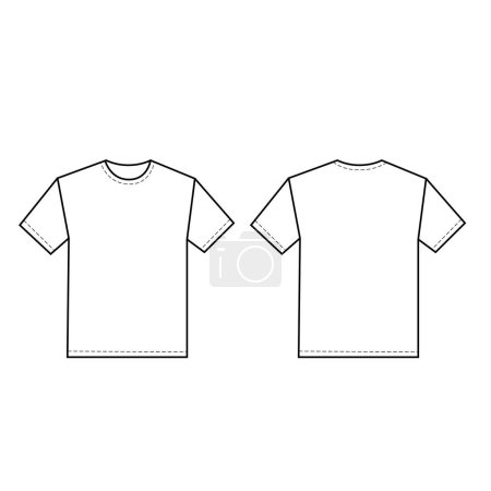 Téléchargez les illustrations : Modèle de t-shirt blanc blanc avec coutures pointillées et vue avant et arrière - en licence libre de droit