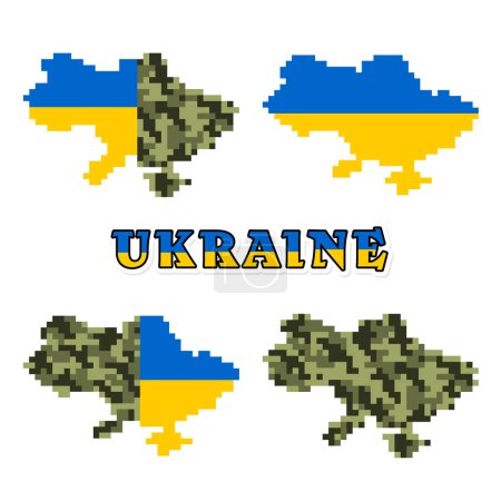 Illustration for Set of pixelated map silhouette and lettering of Ukraine in green military background and in national yellow-blue flag. Merch, t-shirt, sweatshirt, print, patriotic cards, shopper, textile, chevron - Royalty Free Image