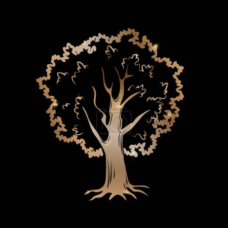 Ilustración de Logo de árbol dorado con venas en el tronco sobre fondo negro. Para logotipo, monograma, invitación, folleto, menú - Imagen libre de derechos