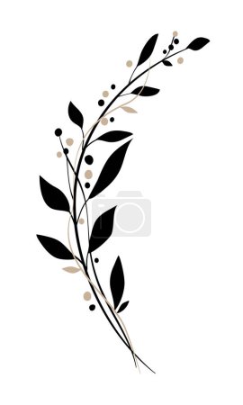 Ilustración de Rama de flores elegante de oro negro con hojas y bayas beige. Logotipo o elemento emblema para coronas de laurel. línea dibujada a mano hojas de hierbas de la boda para la invitación guardar la tarjeta de fecha - Imagen libre de derechos