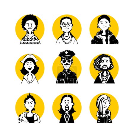 Téléchargez les illustrations : Collection de 22 personnages et visages comiques de style avatar en cercle jaune. Groupe d'activistes gays, lesbiennes, bisexuels et transgenres LGBTQ, queer, hétéro - en licence libre de droit