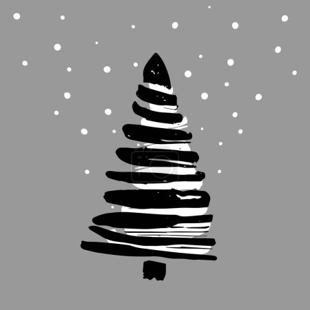 Illustration for Christmas grunge tree in black ink strokes like doodles on gray background with falling snow. For design of stylish New Year corporate card. Like childs drawing at school - Royalty Free Image