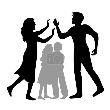 Illustration for Frightened brother and sister hug and angry parents quarrel. Aggressive father, screaming mother are fighting Hand drawn vector illustration, domestic violence, abuse, protection, help social services - Royalty Free Image
