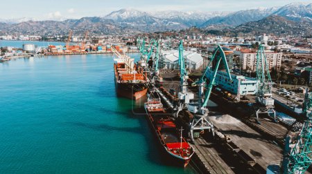 Aerial view of an industrial port with cargo ships and cranes, set against a stunning backdrop of a cityscape and snow-capped mountains.