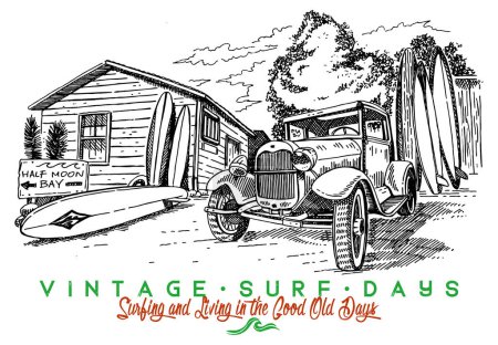 Illustration for Vector illustration in simple, stripped lines of house with vintage car. Art with reference to the practice of surfing. Design for printing on t-shirts, posters and etc. - Royalty Free Image