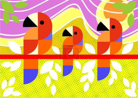 Téléchargez les illustrations : Illustration vectorielle colorée des aras formés par des formes géométriques. Art pour affiches, sarongs et tissus. - en licence libre de droit
