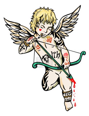 Illustration for Vector colorful illustration of rebel cupid with cigarette and tattoos aiming at bow and arrow. Design for printing on t-shirts, posters and etc... - Royalty Free Image