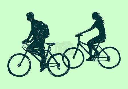 Ilustración de Ilustración vectorial de la silueta pareja ciclistas. Arte en estilo despojado con trazos irregulares. - Imagen libre de derechos