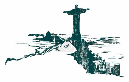 Téléchargez les illustrations : Illustration vectorielle de la silhouette du paysage urbain de Rio de Janeiro, Brésil. Art panoramique avec la montagne du Corcovado et la silhouette du Christ Rédempteur. Dessin représentant l'heure actuelle. - en licence libre de droit
