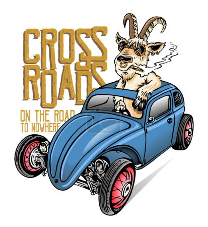 Ilustración de un coche viejo y modificado conducido por una cabra en estilo de dibujos animados. Arte de estilo Hot Rods. Diseño para carteles y estampados de camisetas.