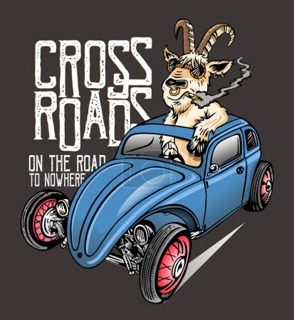 Illustration eines alten, modifizierten Autos, das von einer Ziege im Cartoon-Stil gefahren wird. Kunst im Stil von Hot Rods. Design für Poster und T-Shirt-Prints.