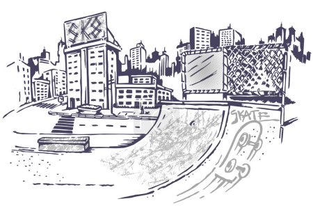 Vektorillustration des Stadtbildes mit Skatepark. Kunst im abgespeckten Cartoon-Stil.