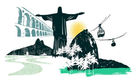 Illustration for Vector illustration of composition with sights of the city of Rio de Janeiro, Brazil. Stylized art representing current times. - Royalty Free Image