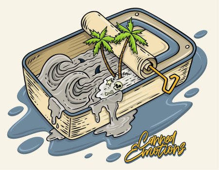Ilustración de Ilustración vectorial dibujada a mano del paisaje de islas tropicales con olas surfeables dentro de una lata de sardina. Dibujo en un estilo despojado de la situación de fantasía. Arte editable. - Imagen libre de derechos
