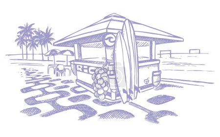 Téléchargez les illustrations : Illustration vectorielle monochrome du kiosque de plage. L'art dans un style dépouillé avec des traits simples. - en licence libre de droit
