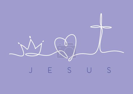 Illustration for Vector illustration of simple, continuous lines forming a crown, a heart and a crucifix. Art in reference to Jesus and Christianity. - Royalty Free Image