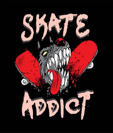 Kreative und dynamische Illustration eines Hundes, der ein Skateboard beißt. Radikale Kunst im Cartoon-Stil. Design für den Druck auf T-Shirts, Poster usw..