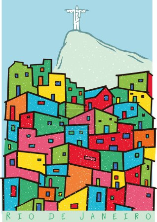 Colorful vector illustration in bare lines of a favela landscape in Rio de Janeiro, Brazil, with Corcovado Mountain in the background.