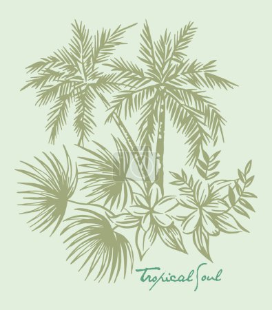 Handgezeichnete Illustration von Kokospalmen und tropischer Vegetation. Kunst in freien und aufgeräumten Linien.